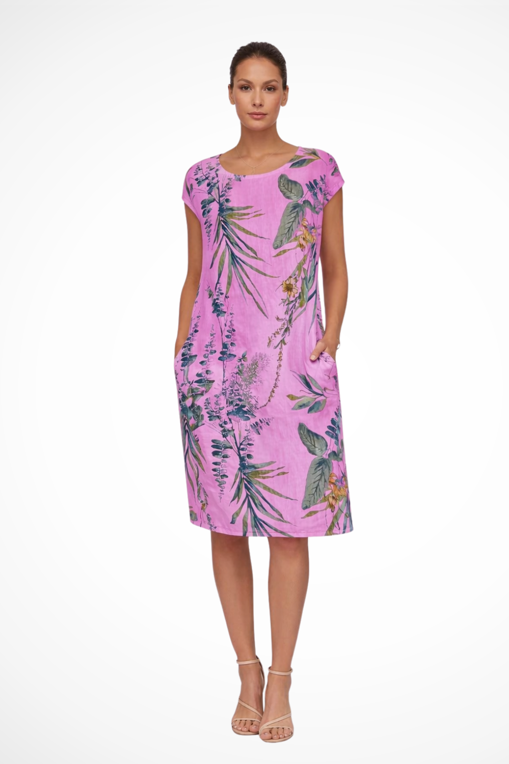 Women's Tropical Leaf Print Shift Dress with Pockets