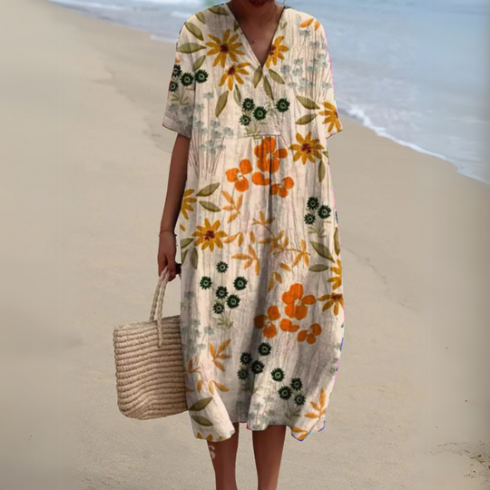 Women's Printed Cotton Linen Cocoon Midi Dress