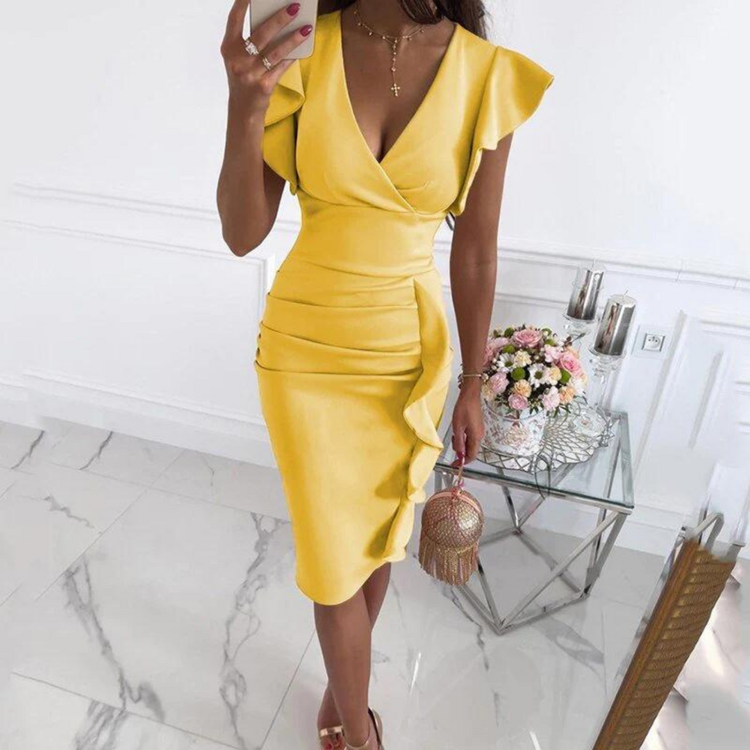 Women's Ruffle Trim Wrap Midi Occasion Dress
