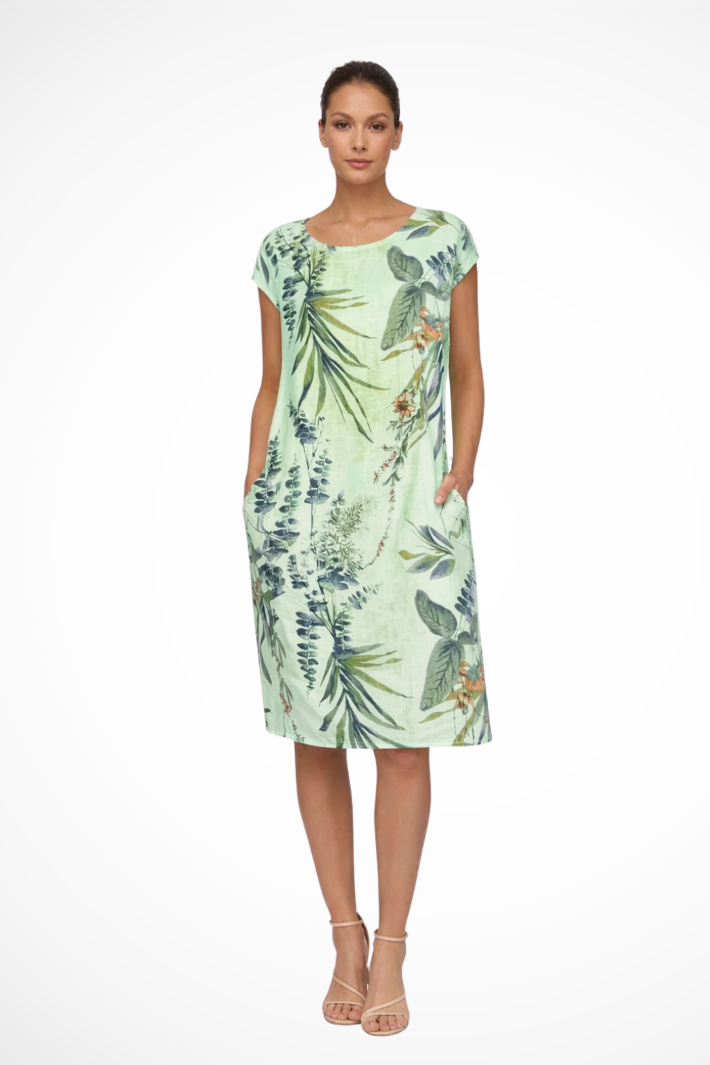 Women's Tropical Leaf Print Shift Dress with Pockets