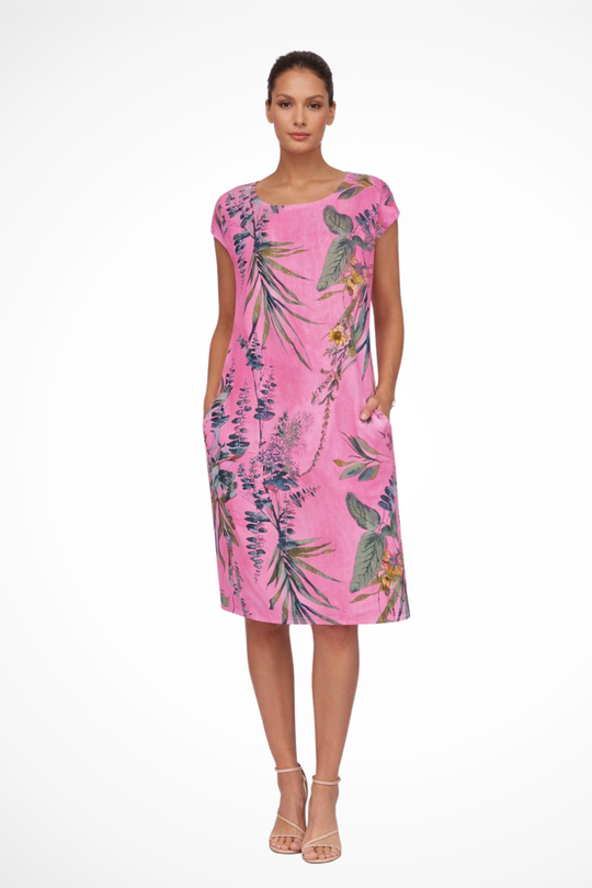 Women's Tropical Leaf Print Shift Dress with Pockets