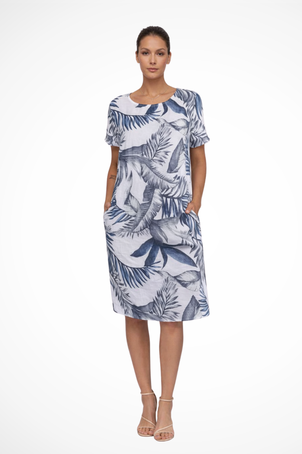 Women's Tropical Leaf Print Shift Dress with Pockets