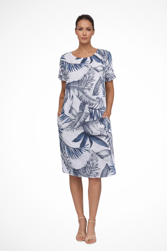 Women's Tropical Leaf Print Shift Dress with Pockets