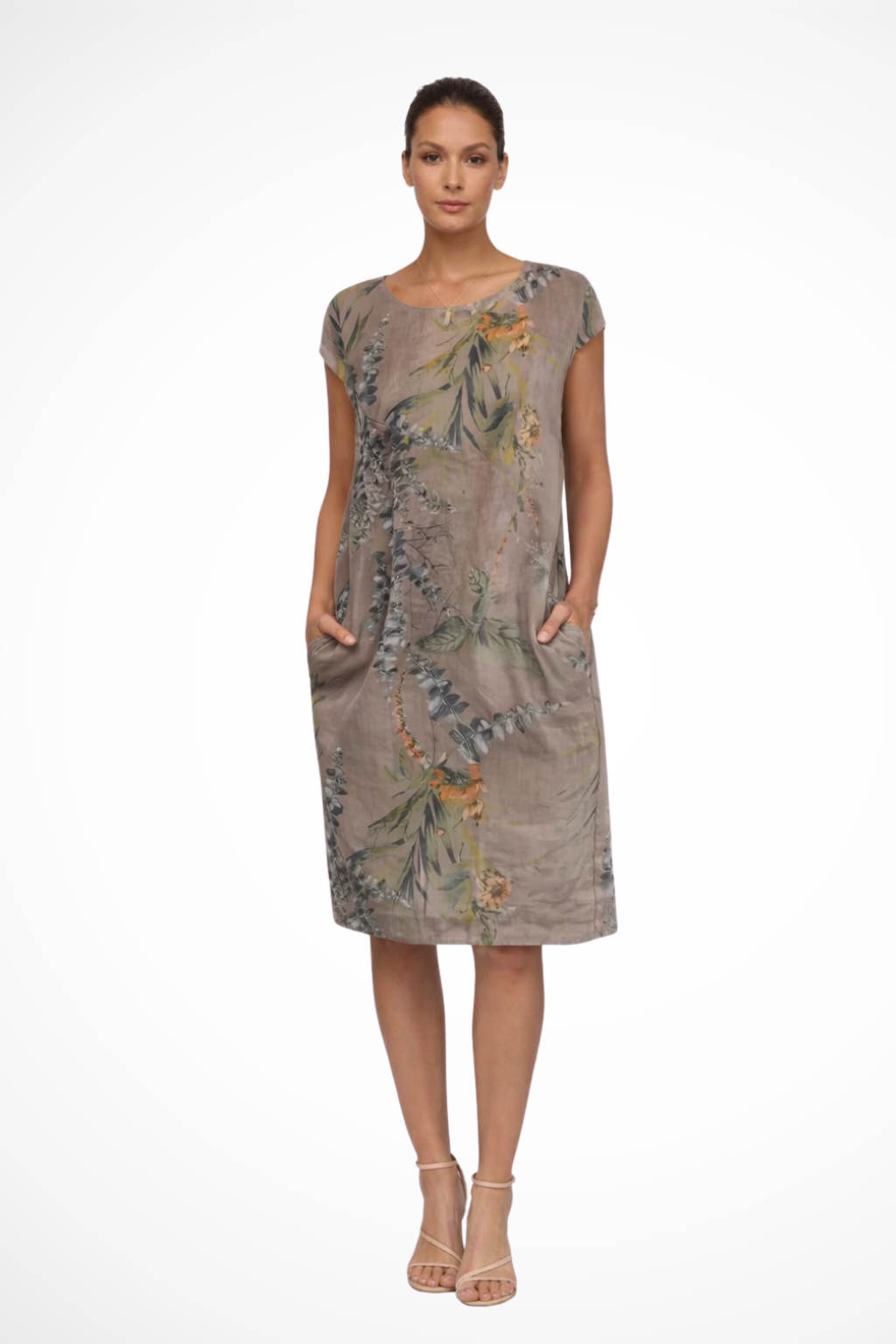 Women's Tropical Leaf Print Shift Dress with Pockets