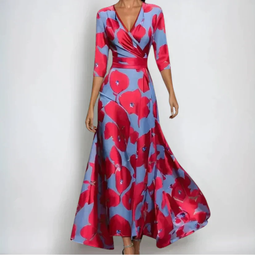 Women's Elegant Printed Wrap Maxi Dress with Waist Detail