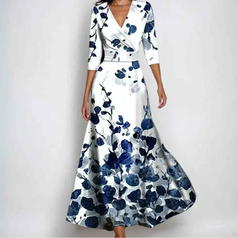 Women's Elegant Printed Wrap Maxi Dress with Waist Detail