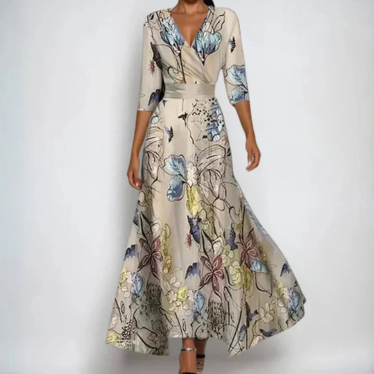 Women's Elegant Printed Wrap Maxi Dress with Waist Detail