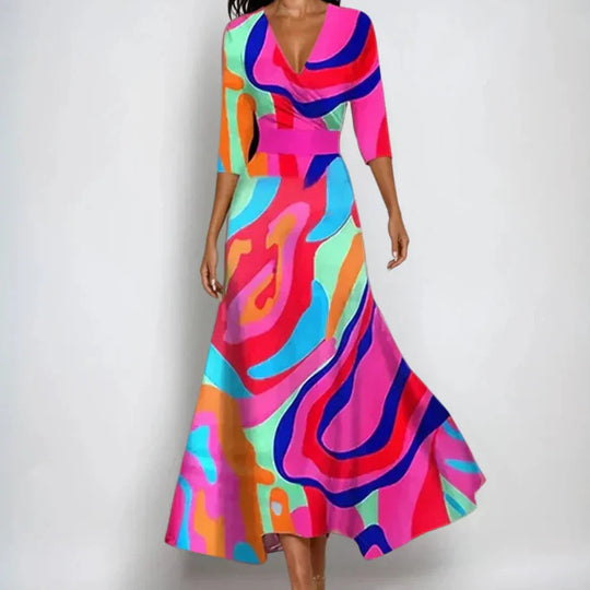 Women's Elegant Printed Wrap Maxi Dress with Waist Detail