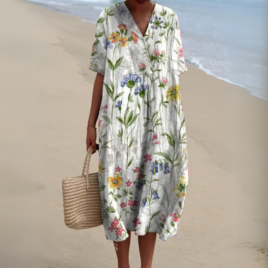 Women's Printed Cotton Linen Cocoon Midi Dress