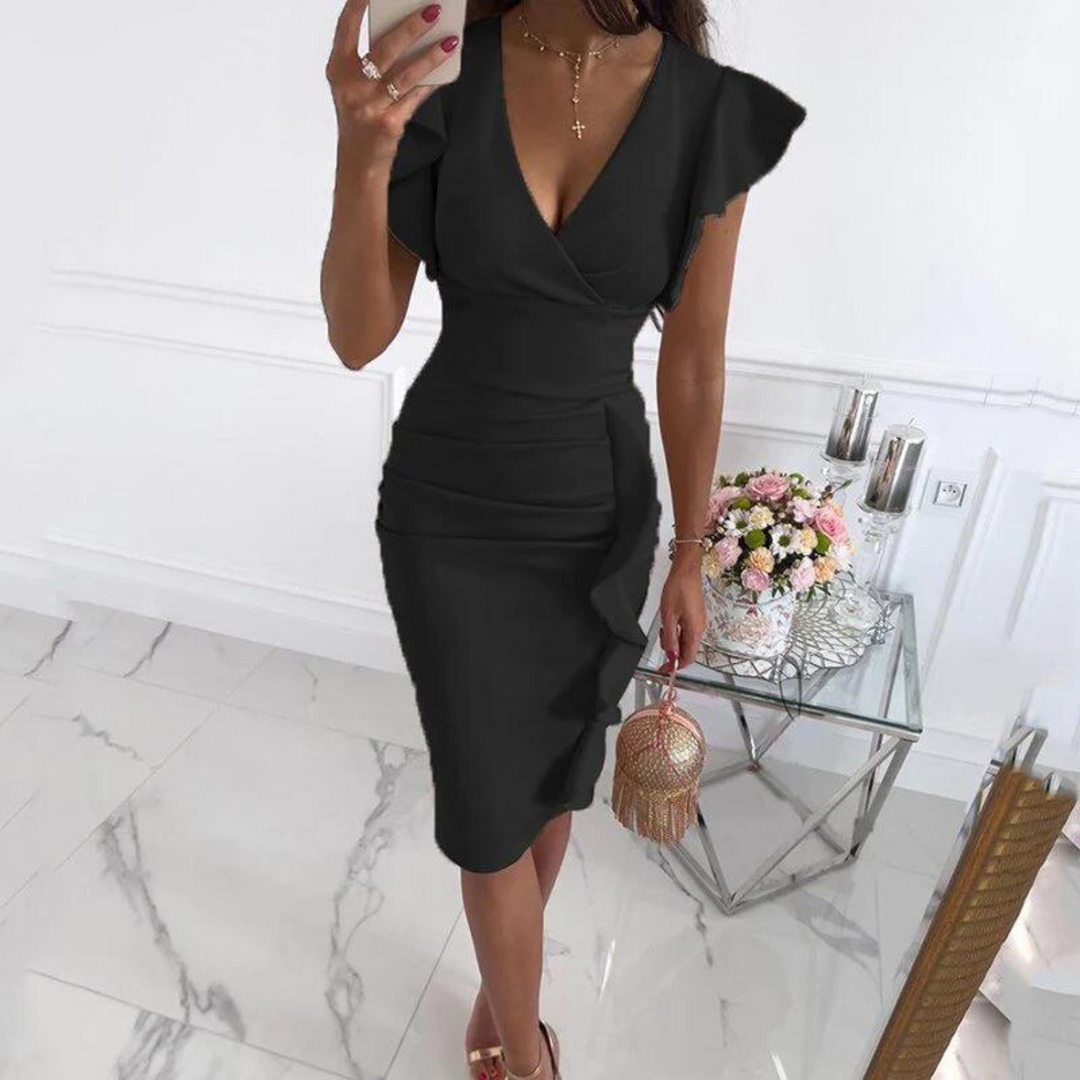 Women's Ruffle Trim Wrap Midi Occasion Dress