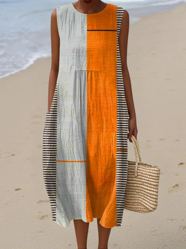 Women's Color Block Sleeveless Midi Dress with Artistic Panels