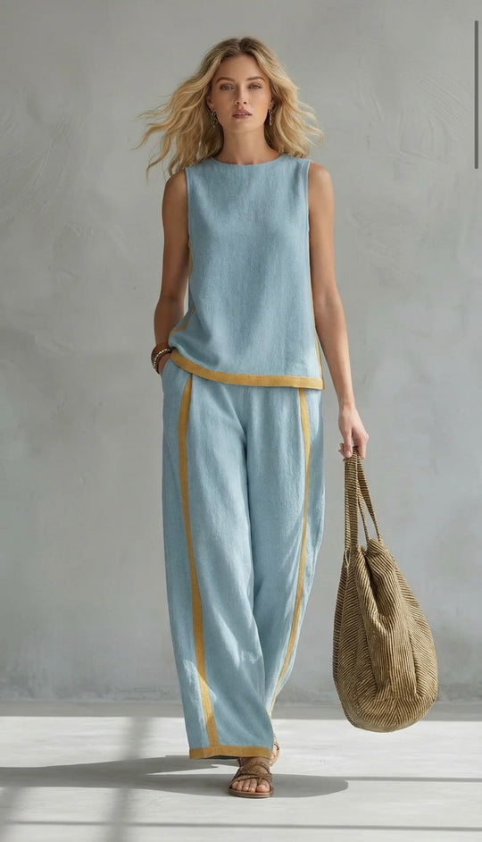Women's Sleeveless Contrast Trim Top and Wide Leg Pants Set