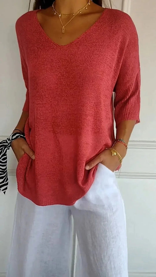 Women's Casual Textured V-Neck Knit Blouse