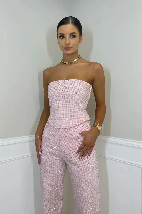 Women's Sequin Corset Top & Wide-Leg Pants Set