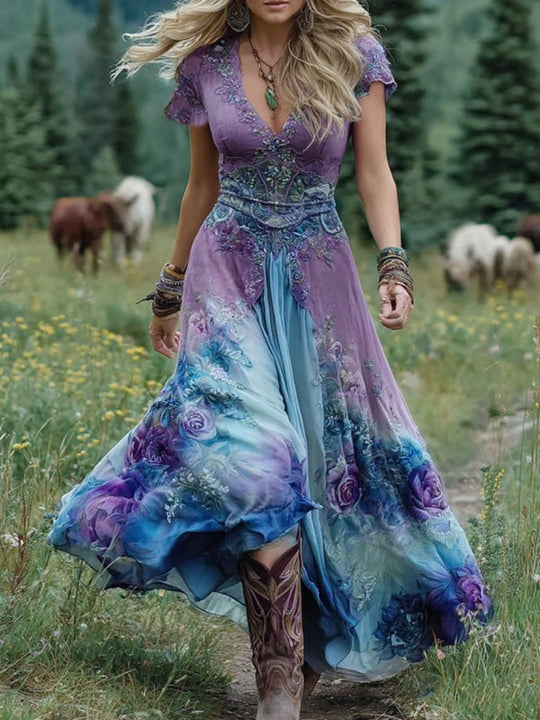 Women's Vintage Floral Print Flowing Maxi Dress