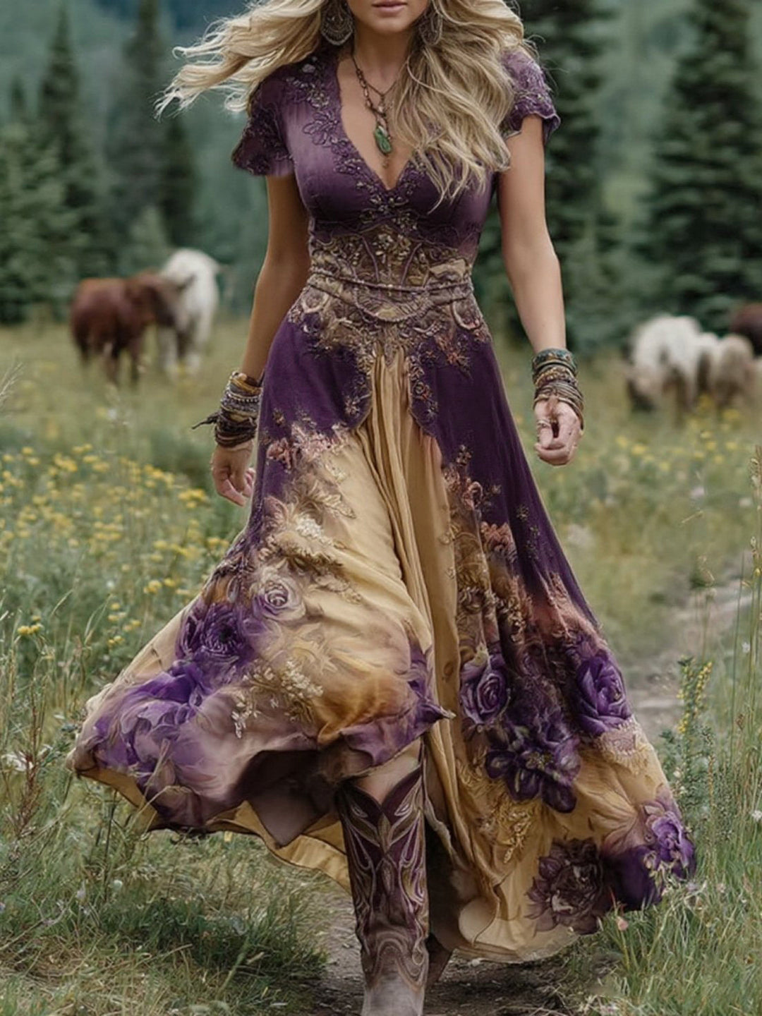 Women's Vintage Floral Print Flowing Maxi Dress