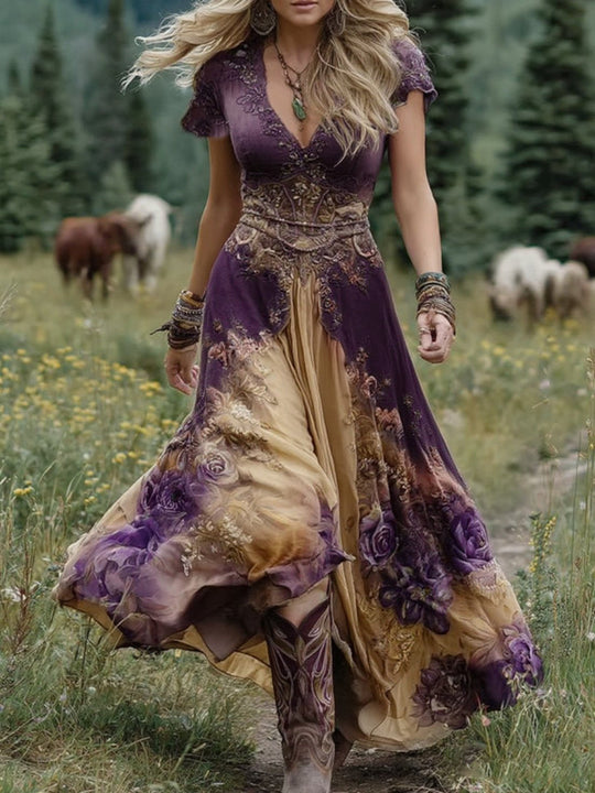 Women's Vintage Floral Print Flowing Maxi Dress