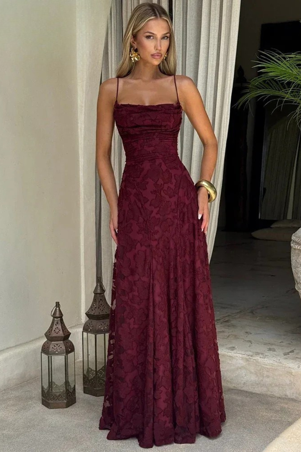 Women's Elegant Lace Overlay Maxi Evening Dress