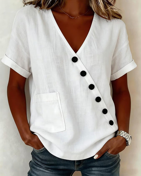 Damen Asymmetrische Bluse mit V-Ausschnitt und Knöpfen, leger