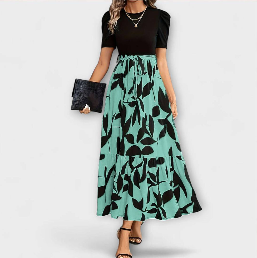 Women's Printed Two-Tone Maxi Dress with Leaf Print Skirt