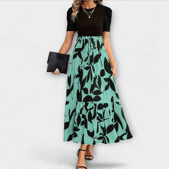 Women's Printed Two-Tone Maxi Dress with Leaf Print Skirt