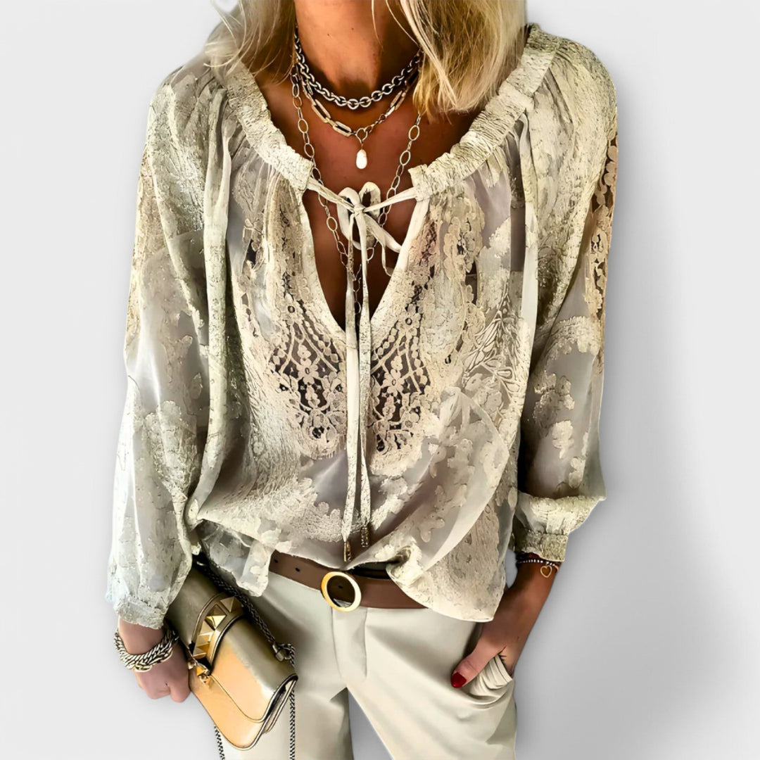 Women's Bohemian Printed Tie-Neck Blouse