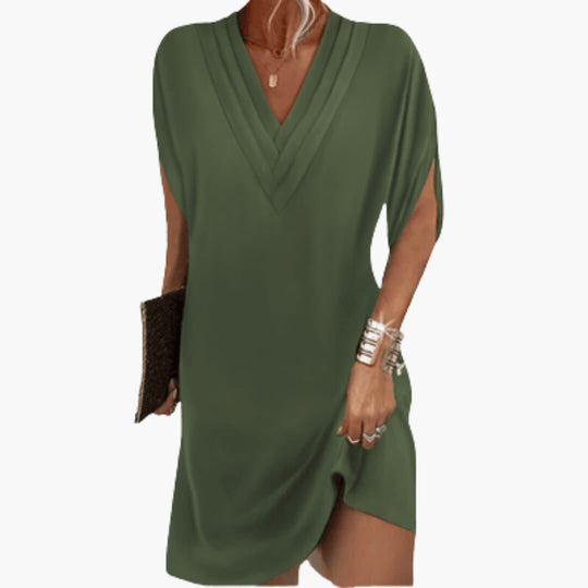 Women's Relaxed V-Neck Shift Dress with Draped Sleeves