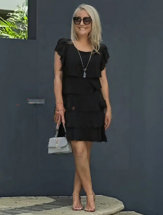 Damen schichtetes Rüschenshirtkleid mit Flatterärmeln für Partys in Midi-Länge