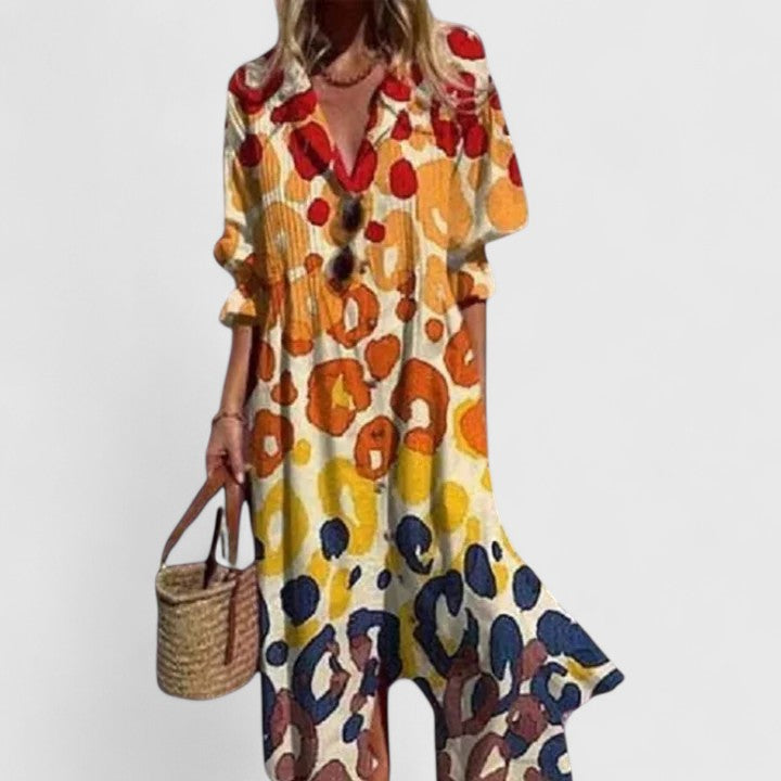 Women's Printed Button Front Flowing Midi Shirt Dress