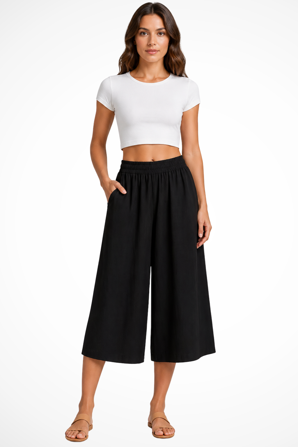 Damen Culotte-Hose mit weitem Bein und Taschen, gekürzt