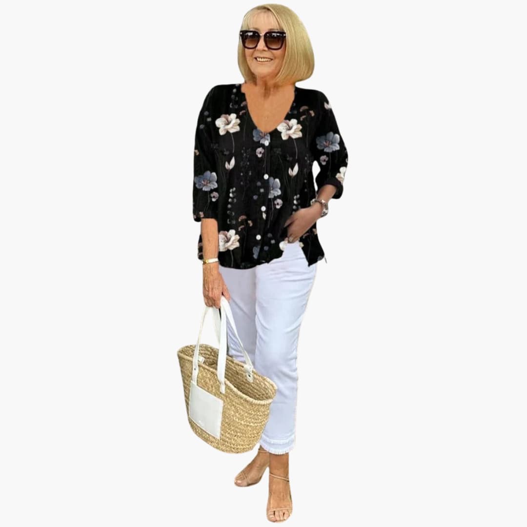 Women's Relaxed Button-Front Printed Blouse with 3/4 Sleeves