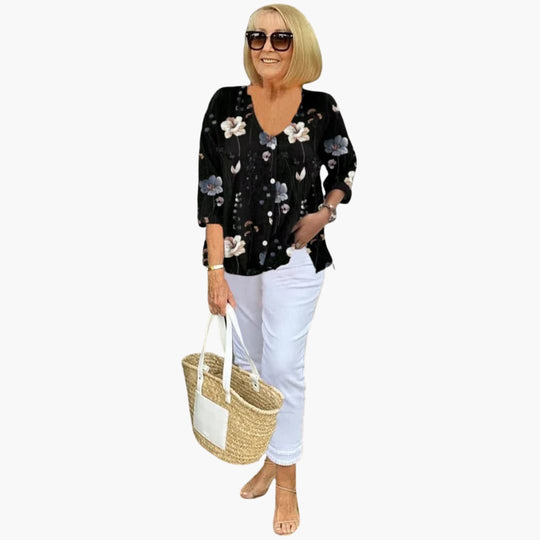 Women's Relaxed Button-Front Printed Blouse with 3/4 Sleeves