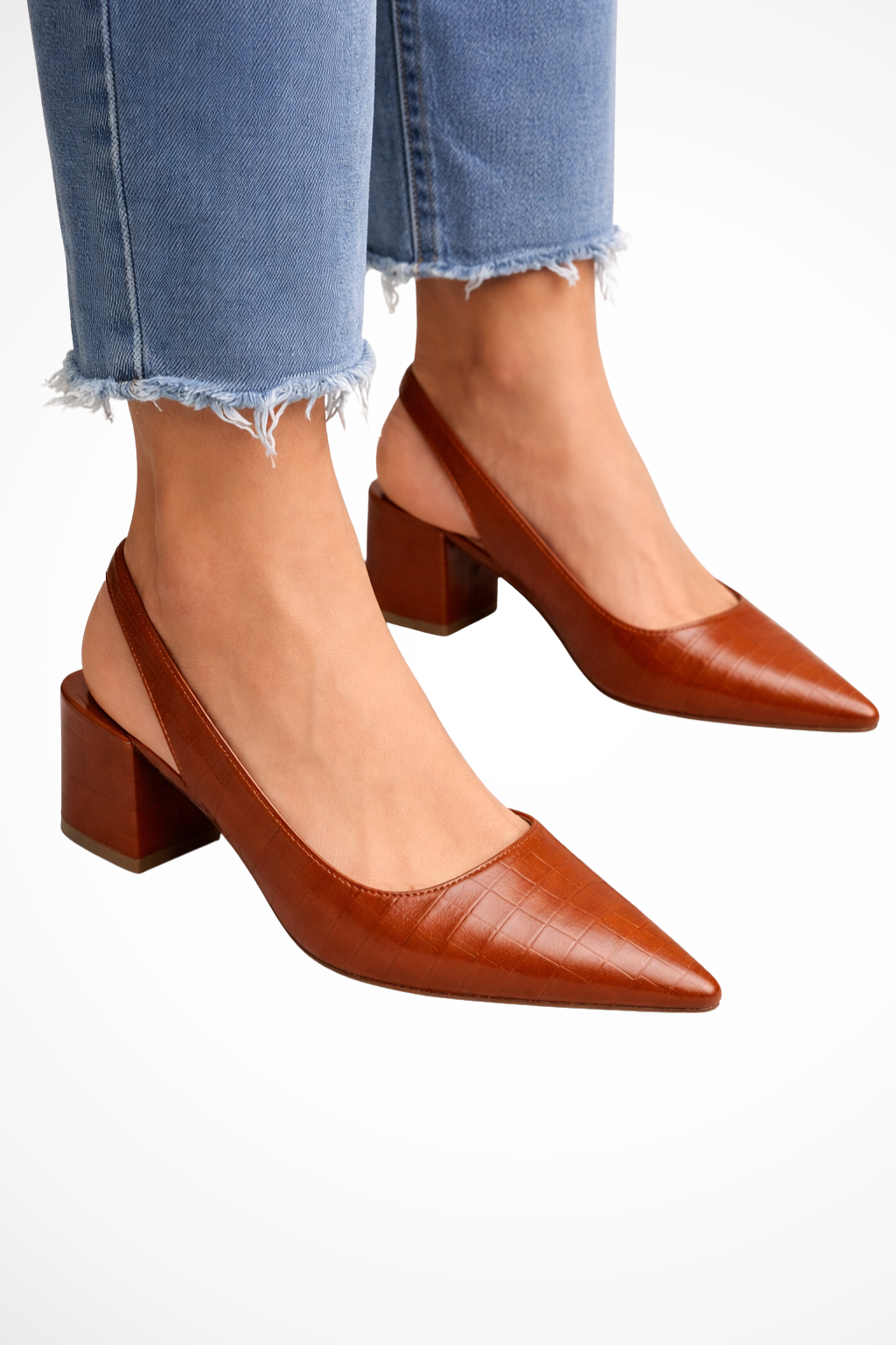 Damen Pumps mit spitz zulaufender Spitze, Slingback-Riemen und Blockabsatz