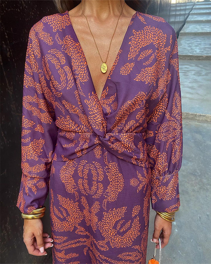 Women's Printed Twist Front Midi Dress
