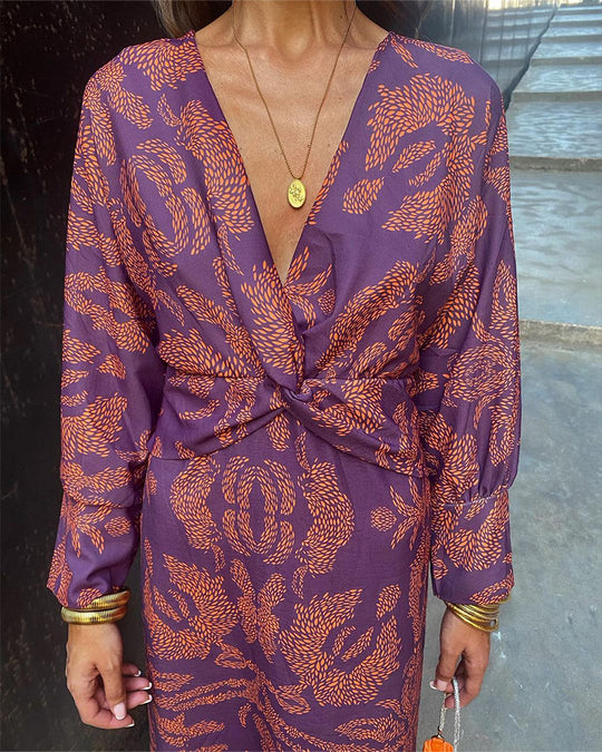 Women's Printed Twist Front Midi Dress