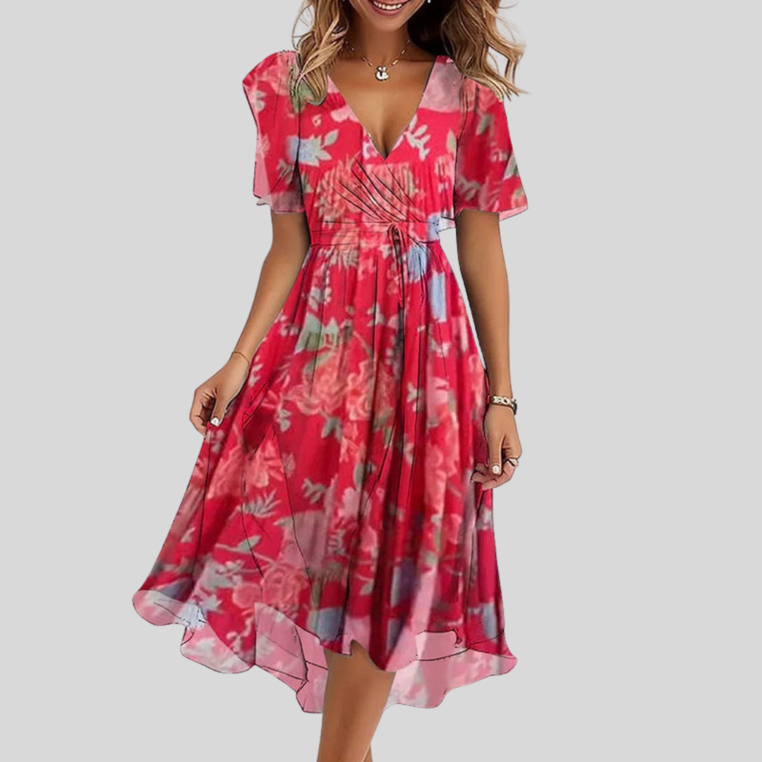 Women's Floral V-Neck Tie Waist Midi Dress