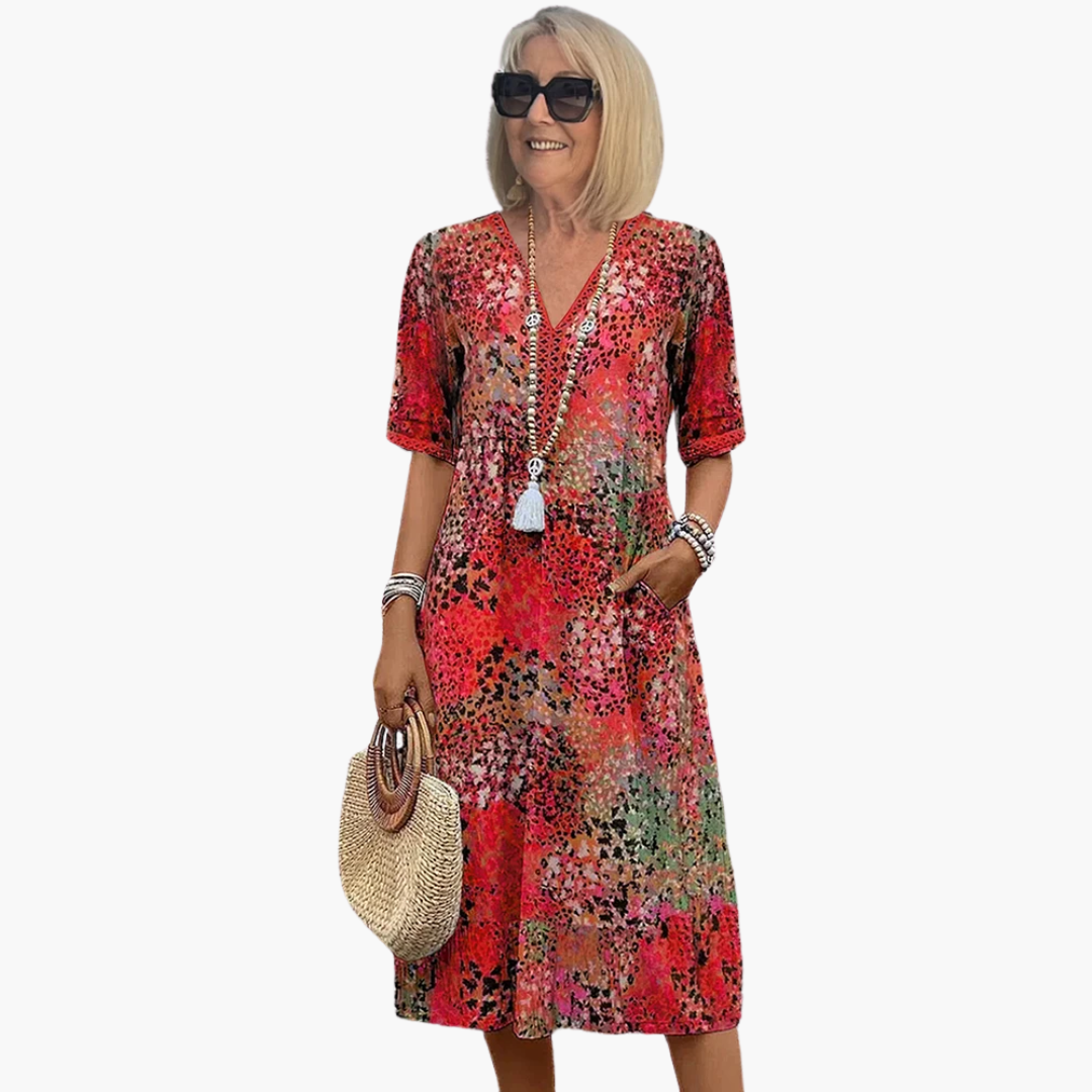 Women's Artistic Printed Midi Dress with Lace Trim and Pockets