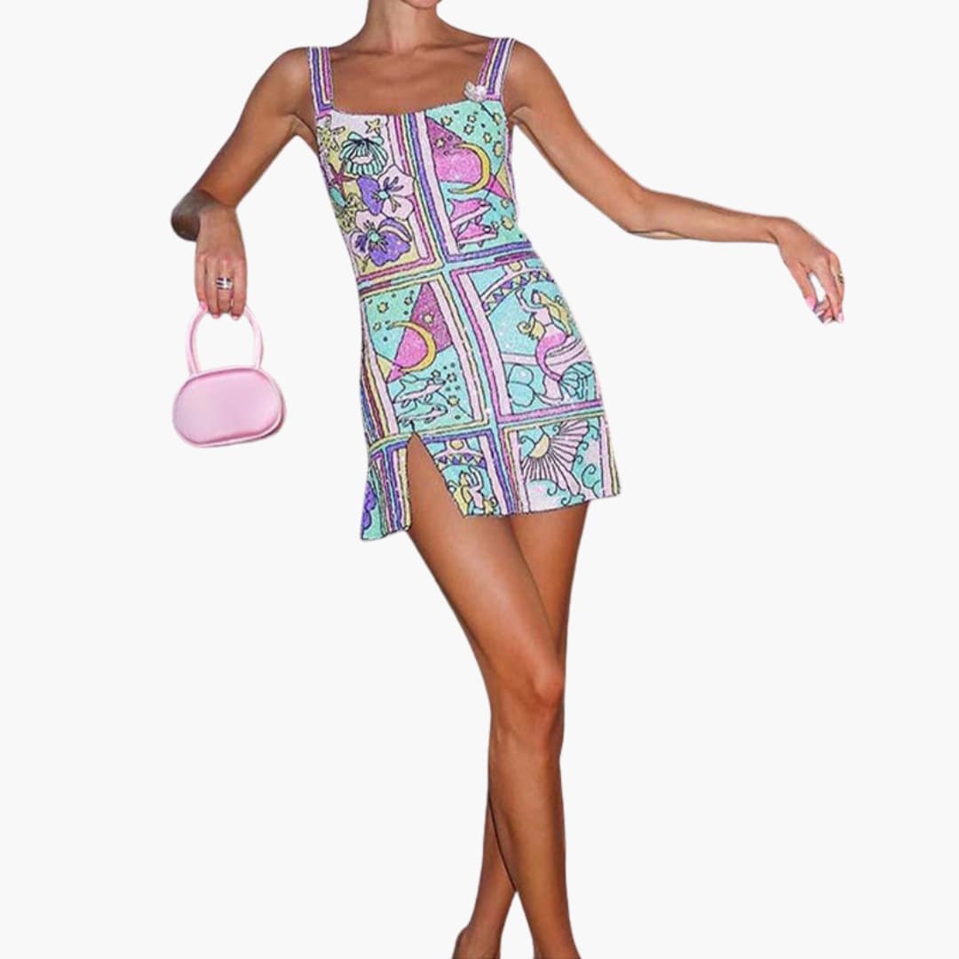 Women's Retro Patchwork Print Mini Dress with Side Slit