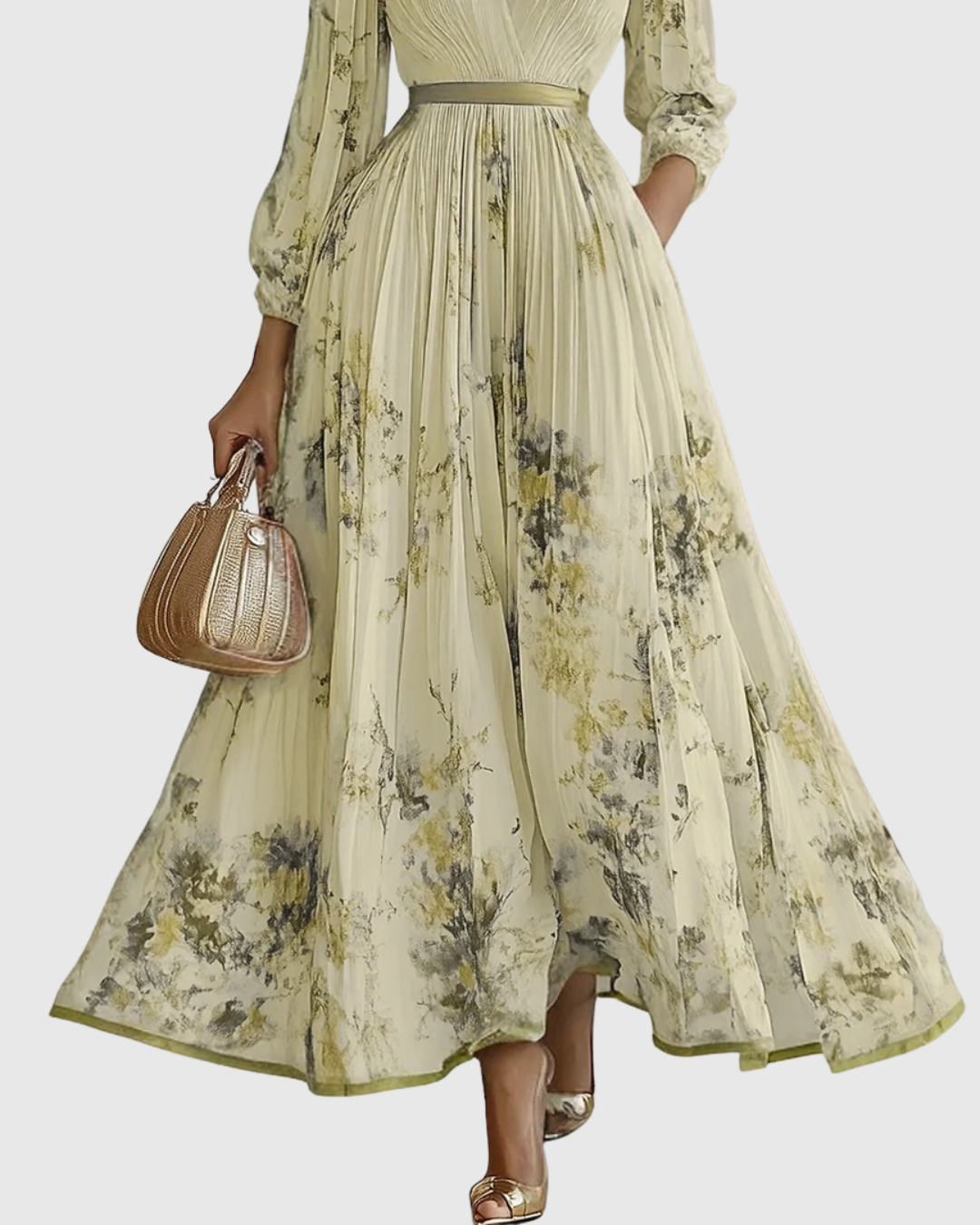Women's Romantic Floral Pleated Maxi Dress with Deep V-Neck