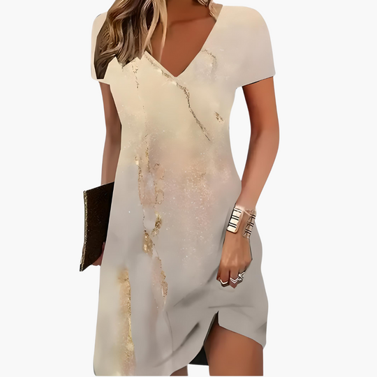 Women's Artistic Printed V-Neck Dress with Relaxed Fit