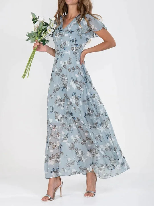 Women's Floral Ruffle Sleeve Chiffon Maxi Dress