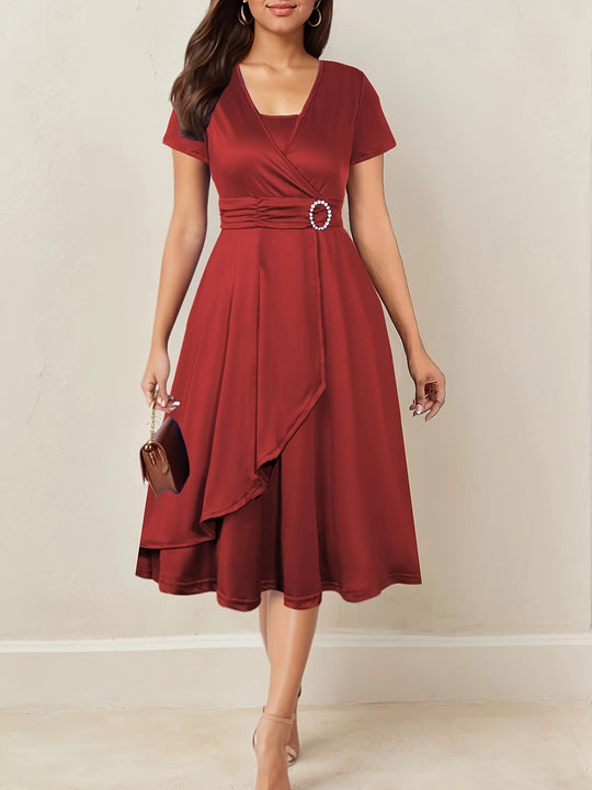 Women's Wrap Midi Dress with Decorative Waist Buckle