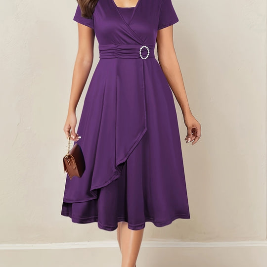 Women's Wrap Midi Dress with Decorative Waist Buckle