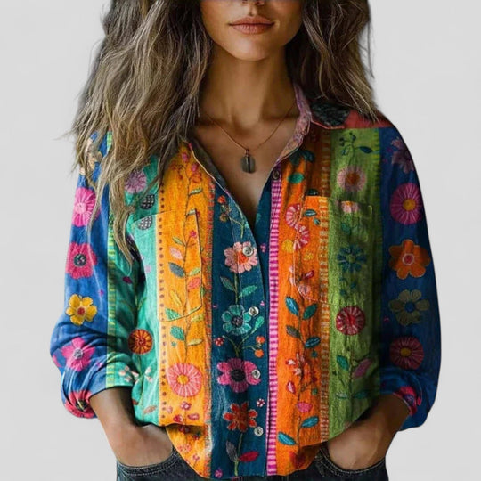 Damen Vintage Boho Bluse mit Knopfleiste und Print