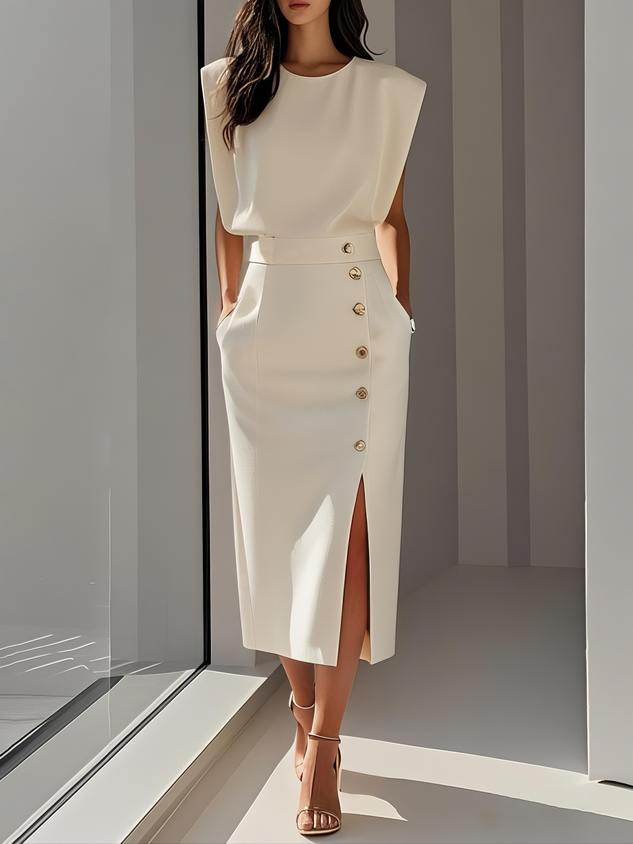 Elegantes ärmelloses Damenblusen- und Midirock-Set mit Knopfdetail