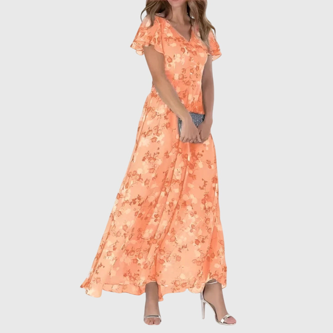 Women's Floral V-Neck Maxi Dress with Flutter Sleeves