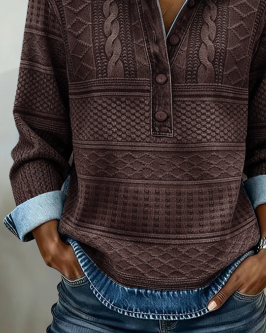 Women's Textured Knit-Print Henley Top with Collar