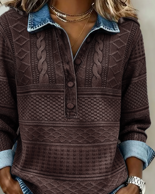 Women's Textured Knit-Print Henley Top with Collar