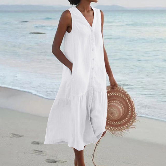 Women's Sleeveless Button-Front Linen Midi Dress