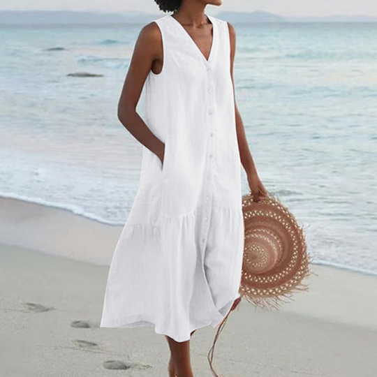 Women's Sleeveless Button-Front Linen Midi Dress